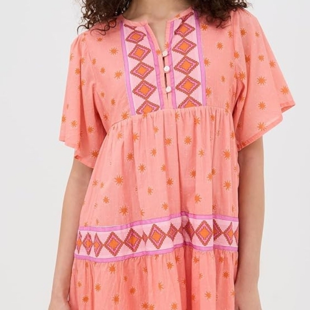 Marea Peach Lined Soft Cotton A Line Mini Dress Pink Orange Geo Stars Print Sz S